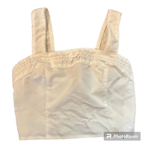 Coquette Bow Eyelet Lace Trim Crisp Cotton Cropped Top Size XS Square Neck Twee - Picture 1 of 10